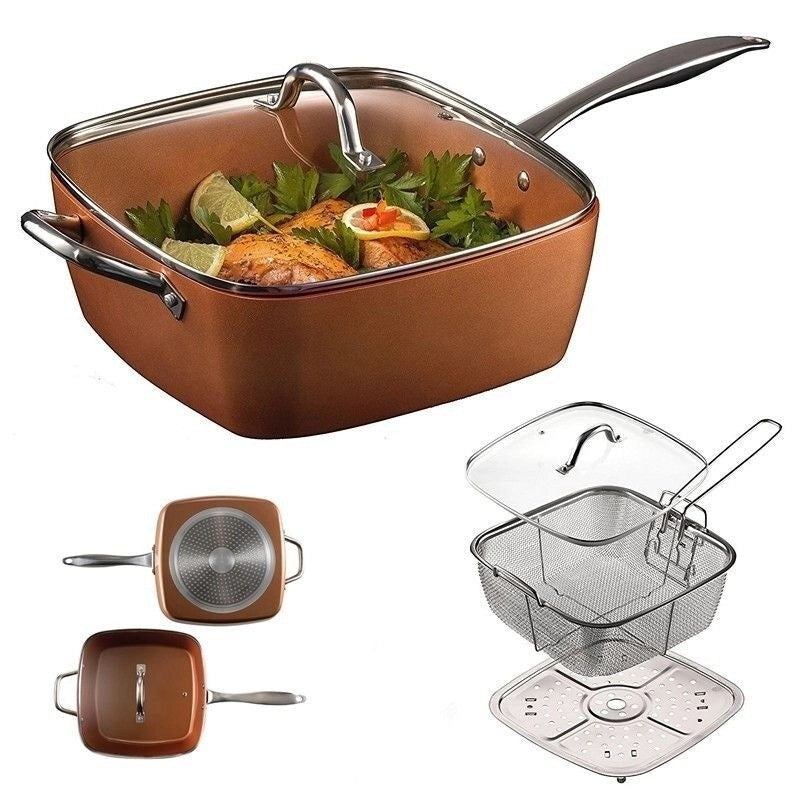 Tigaie Patrata Adanca Multifunctionala – Copper Chef Original – Antiaderenta, Acoperita Cu Ceramica De Calitate, Set 5 Piese