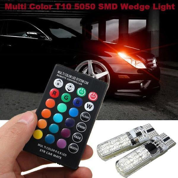 Set 2 becuri auto, T10, Multicolore RGB, cu Telecomanda