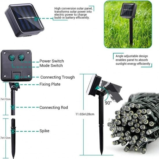 Instalație Solară Decorativă pentru Exterior – 10 m, 100 LED-uri Albastre, Încărcare Solară
