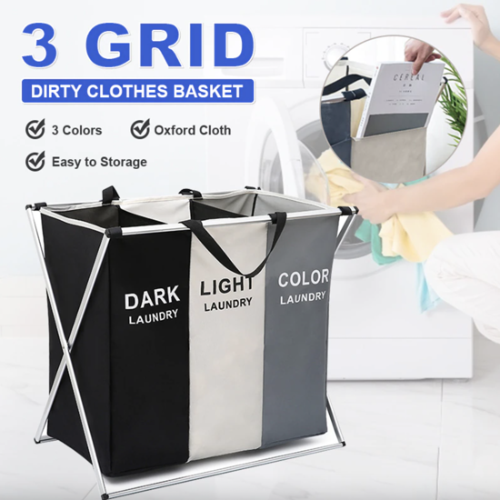 Coș de rufe din material textil cu design modern  3 compartimente pentru sortarea hainelor pe culori