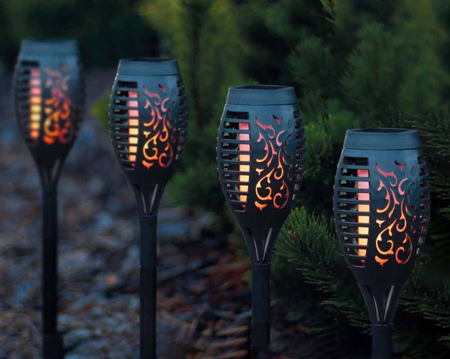 Set 4 Lămpi solare LED, pentru gradina, model imitaţie de flacără