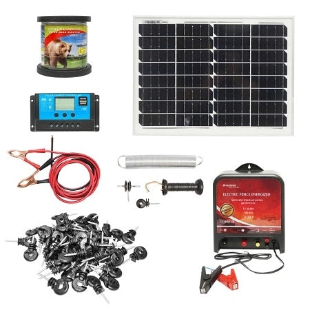 Kit complet gard electric 12V 14 Joule cu panou fotovoltaic solar lungime fir 1000m, 100 izolatori, kit poarta si baterie, protectie impotriva animalelor salbatice, ursi, mistreti