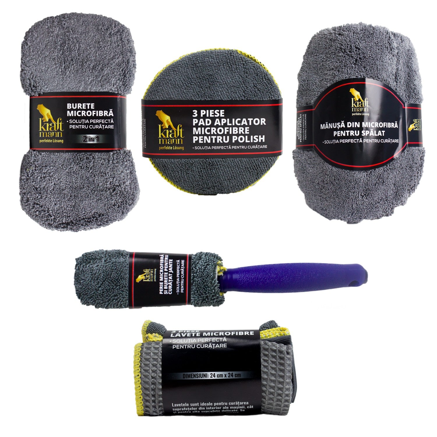 Set 9in1 pentru detailing auto, laveta microfibra, paduri polish, burete de spalat si perie curatare jante