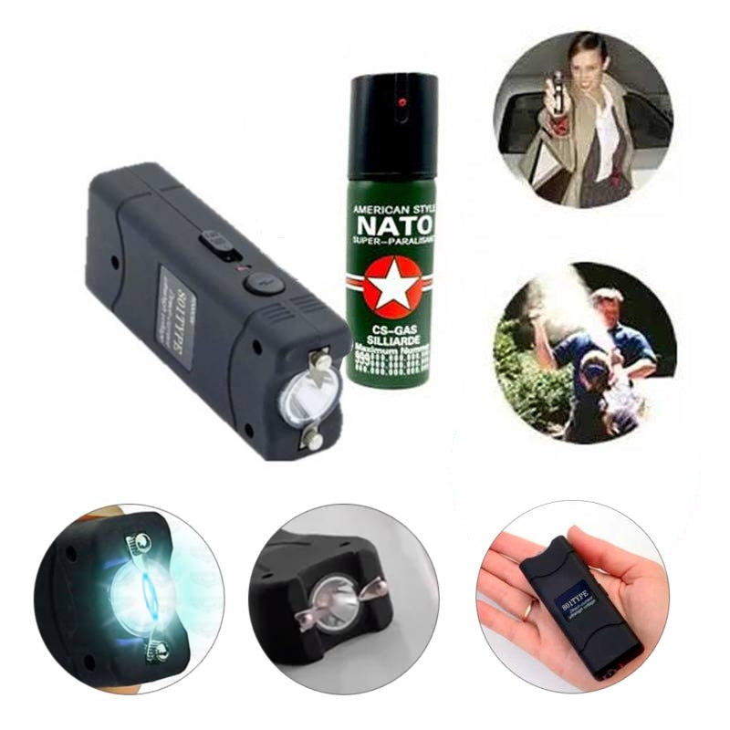 Kit autoapărare: Electrosoc cu lanternă și spray cu piper NATO - Protecție maximă într-un singur set