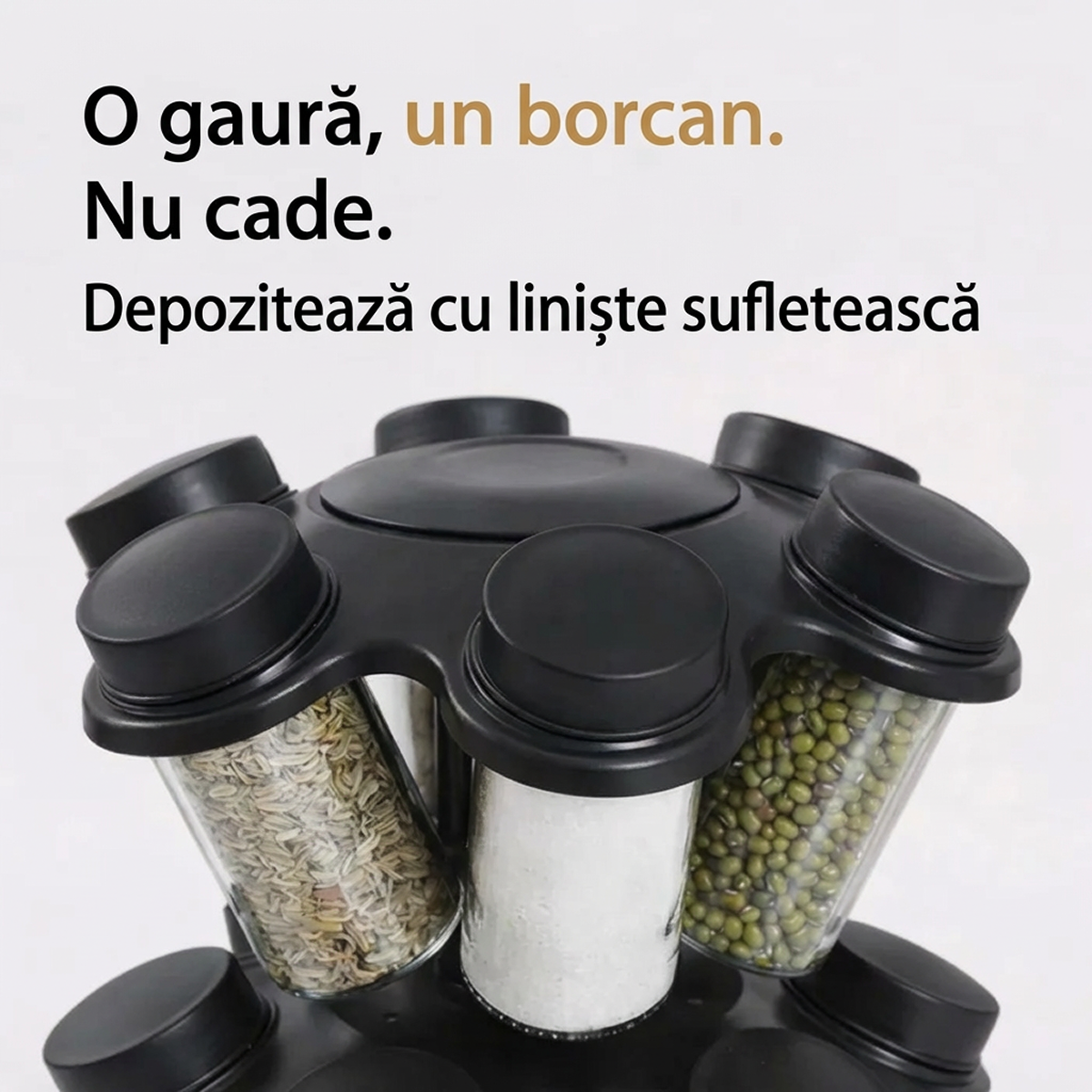 Suport Rotativ pentru Condimente cu 12 Borcane, Rotire 360°, Bază Antirugină