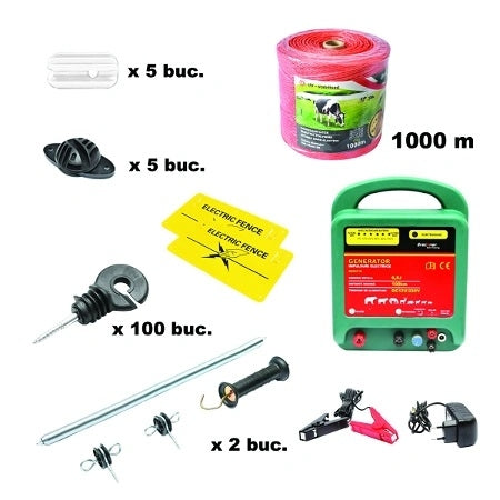 Kit complet gard electric 12/220V, 4.6 Joule, lungime fir 1000m, generator impulsuri electrice protectie animale salbatice, ursi, mistreti, perimetru animale domestice