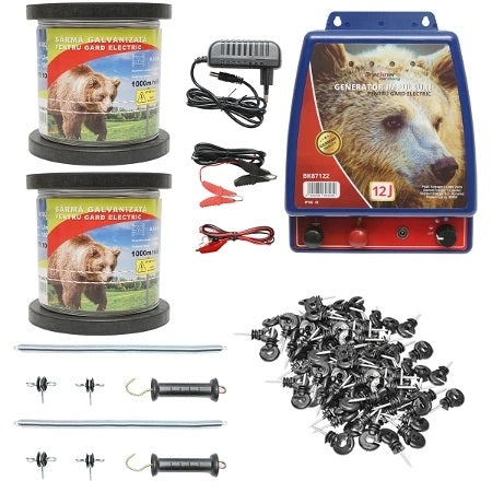 Gard electric impotriva animalelor salbatice, ursi, mistreti, 12V-220V, putere 12 Joule, lungime 2000m cu izolatori si kit poarta inclus