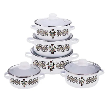 Set oale emailate cu capar sticla termorezistent, 10 piese Cadou Mini tocator Usturoi/legume