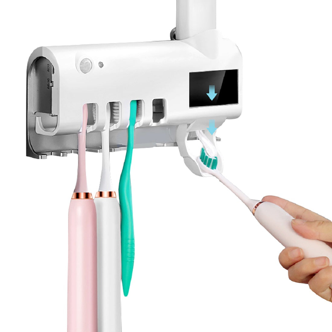 Dispenser pasta de dinti si suport 4 periute, Sterilizare UV si Antibacteriala, Incarcare Solara