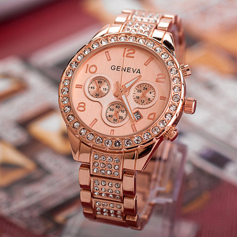 Ceas de dama Geneva Christal DOMS Silver Gold metalic