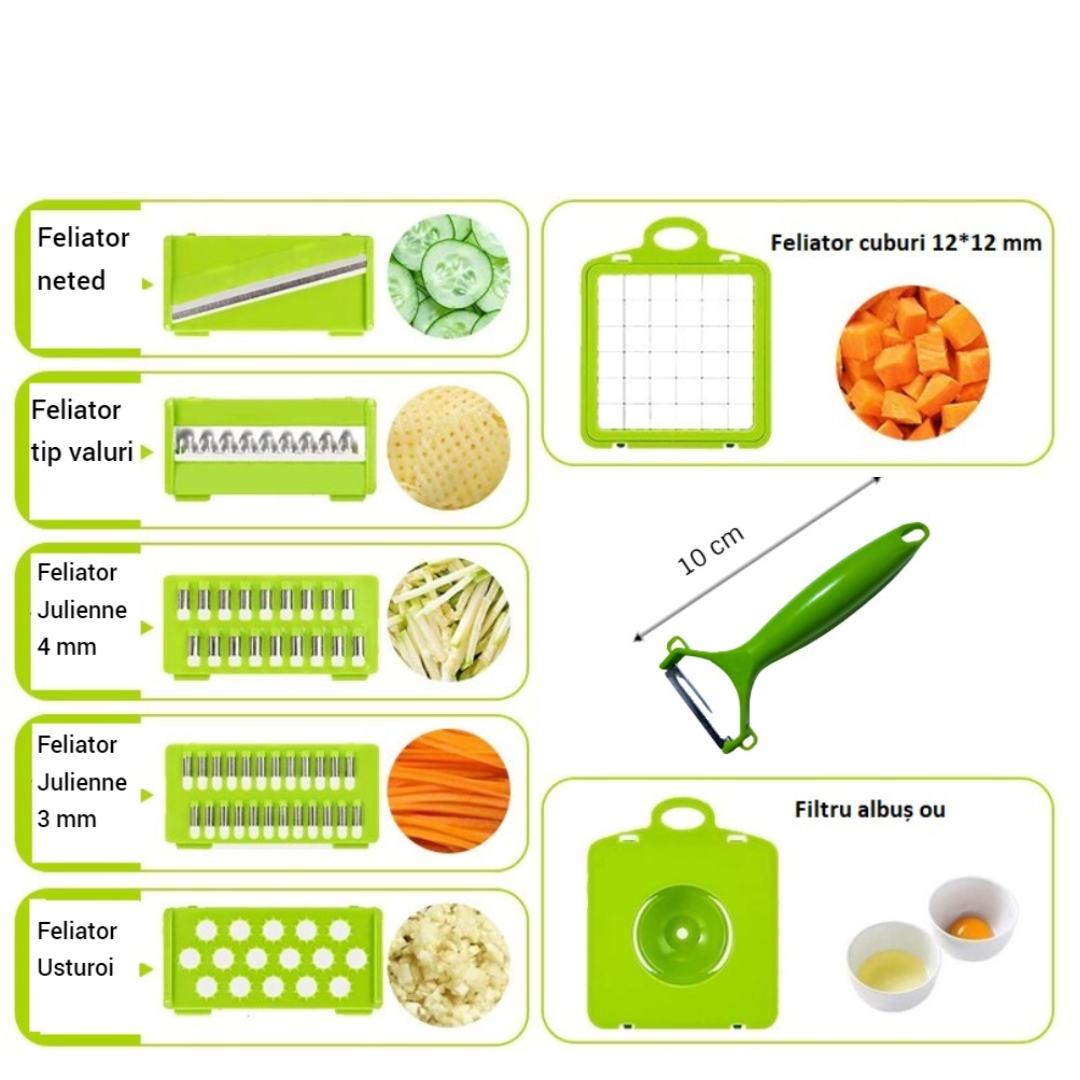 Razatoare multifunctionala pentru fructe si Legume - Set 12 Piese cu protectie Mana