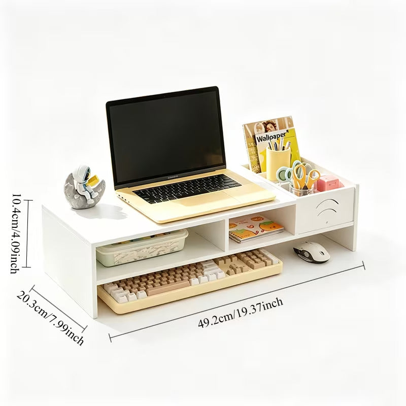 Suport pentru Monitor și Laptop cu Organizator de Birou și Sertar, Alb, 49 x 20 x 10 cm
