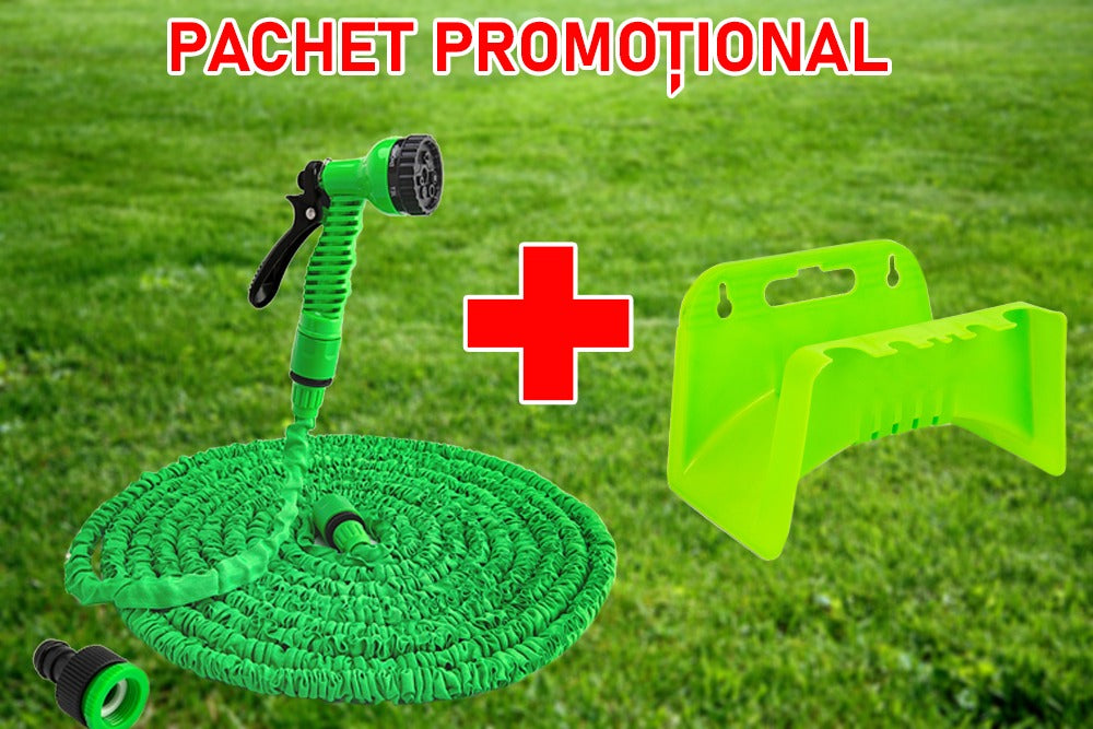 Oferta, furtun expandabil pentru gradina cu pistol si suport de perete