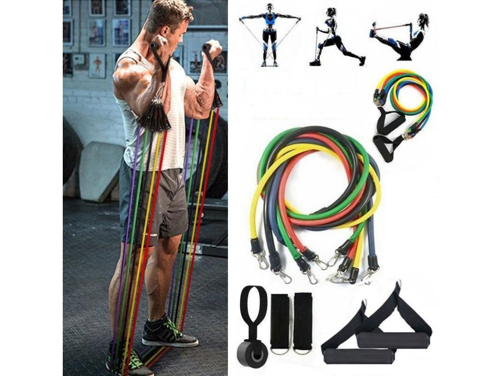 Set 11 piese, extensor fitness cu corzi elastice latex 5 rezistente diferite, manere, ancora usa si curele pentru glezna