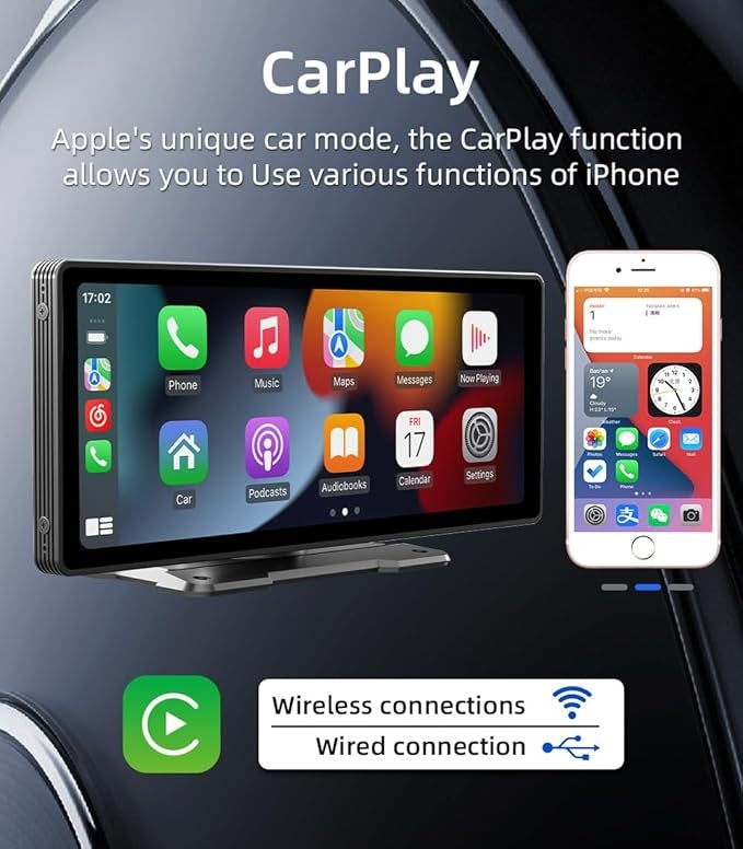 Navigație Auto Portabilă 10.26” HD – Wireless Apple CarPlay & Android Auto, Bluetooth Integrat