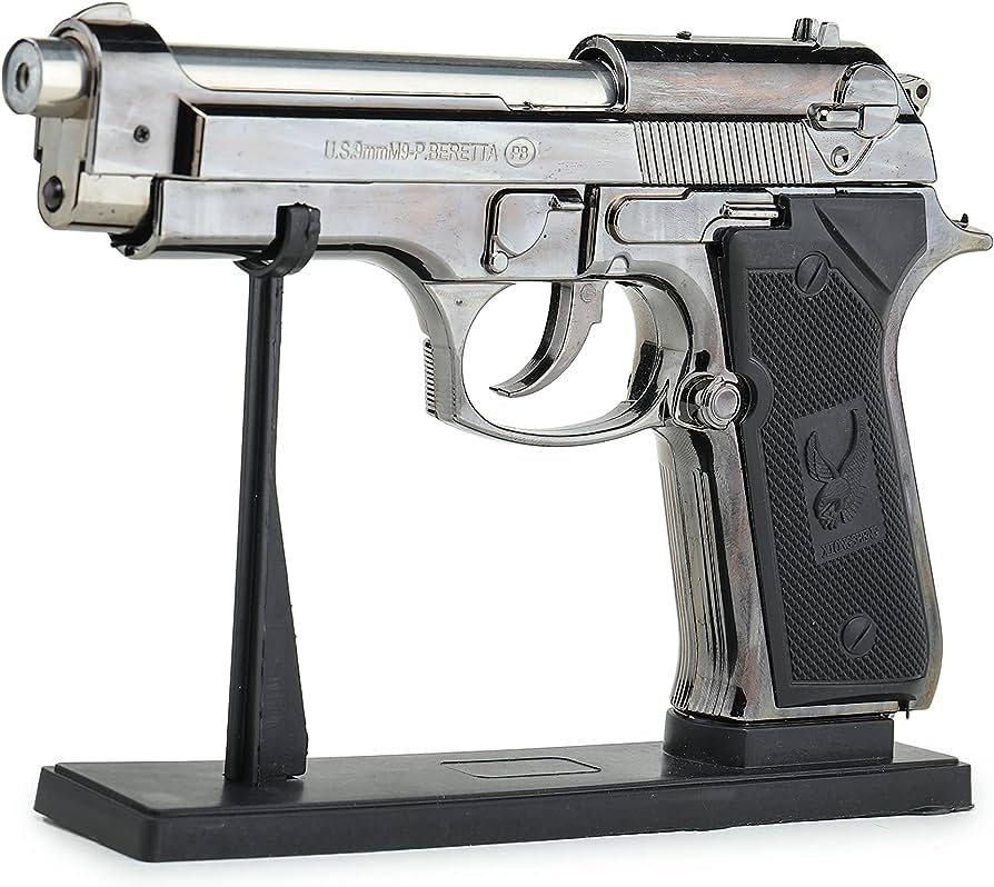 Bricheta pistol tip Beretta cu toc piele PU si suport de birou