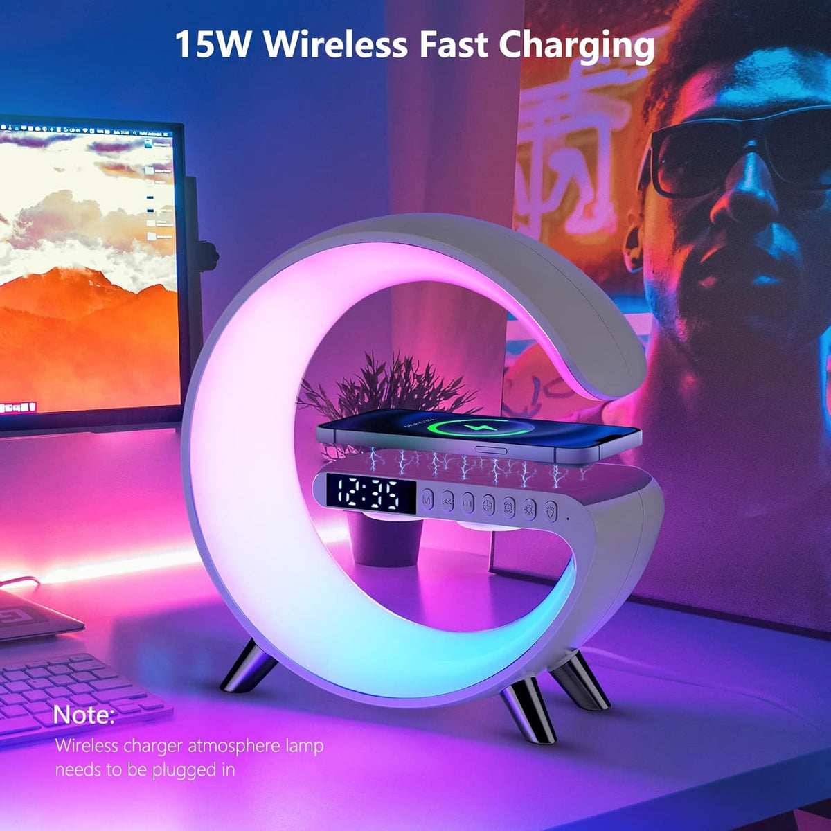Lampă Smart LED RGB cu Încărcare Wireless, Boxă Bluetooth și Ceas Deșteptător