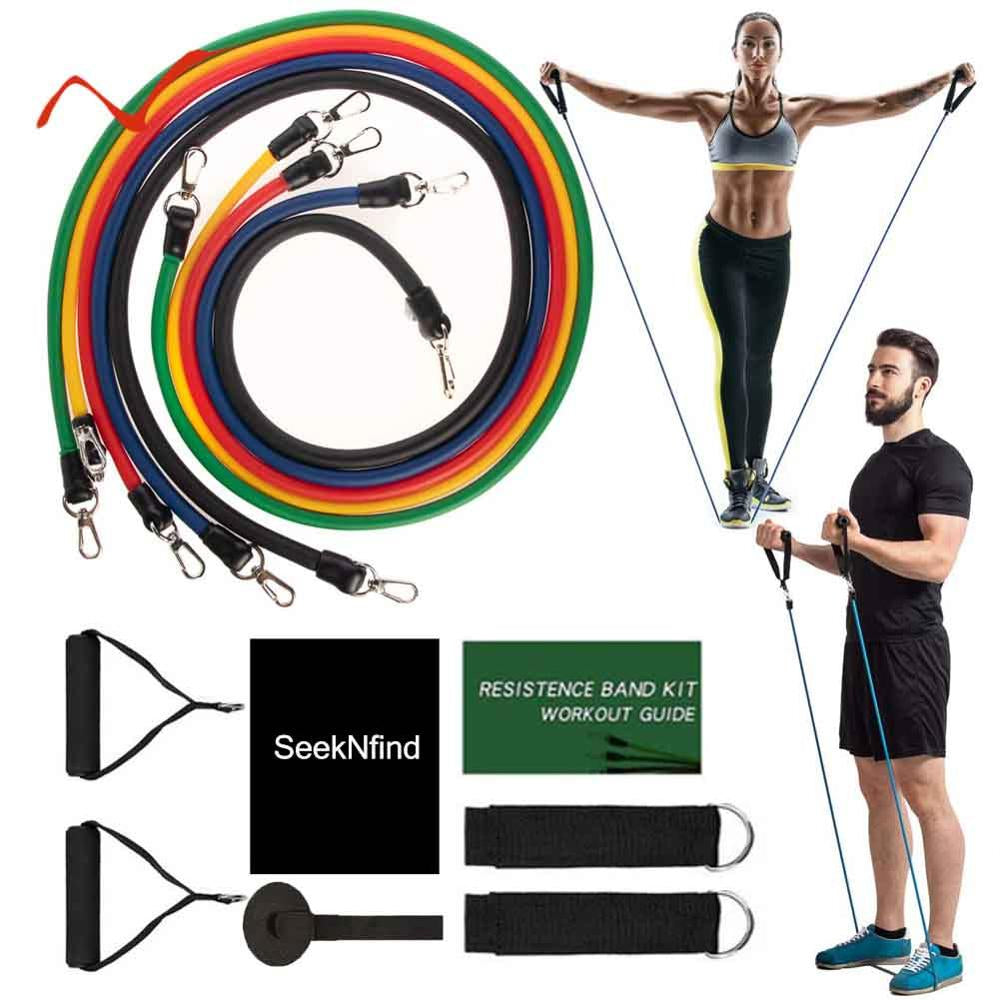 Set 11 piese, extensor fitness cu corzi elastice latex 5 rezistente diferite, manere, ancora usa si curele pentru glezna