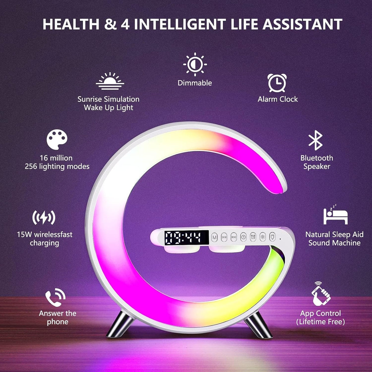 Lampă Smart LED RGB cu Încărcare Wireless, Boxă Bluetooth și Ceas Deșteptător