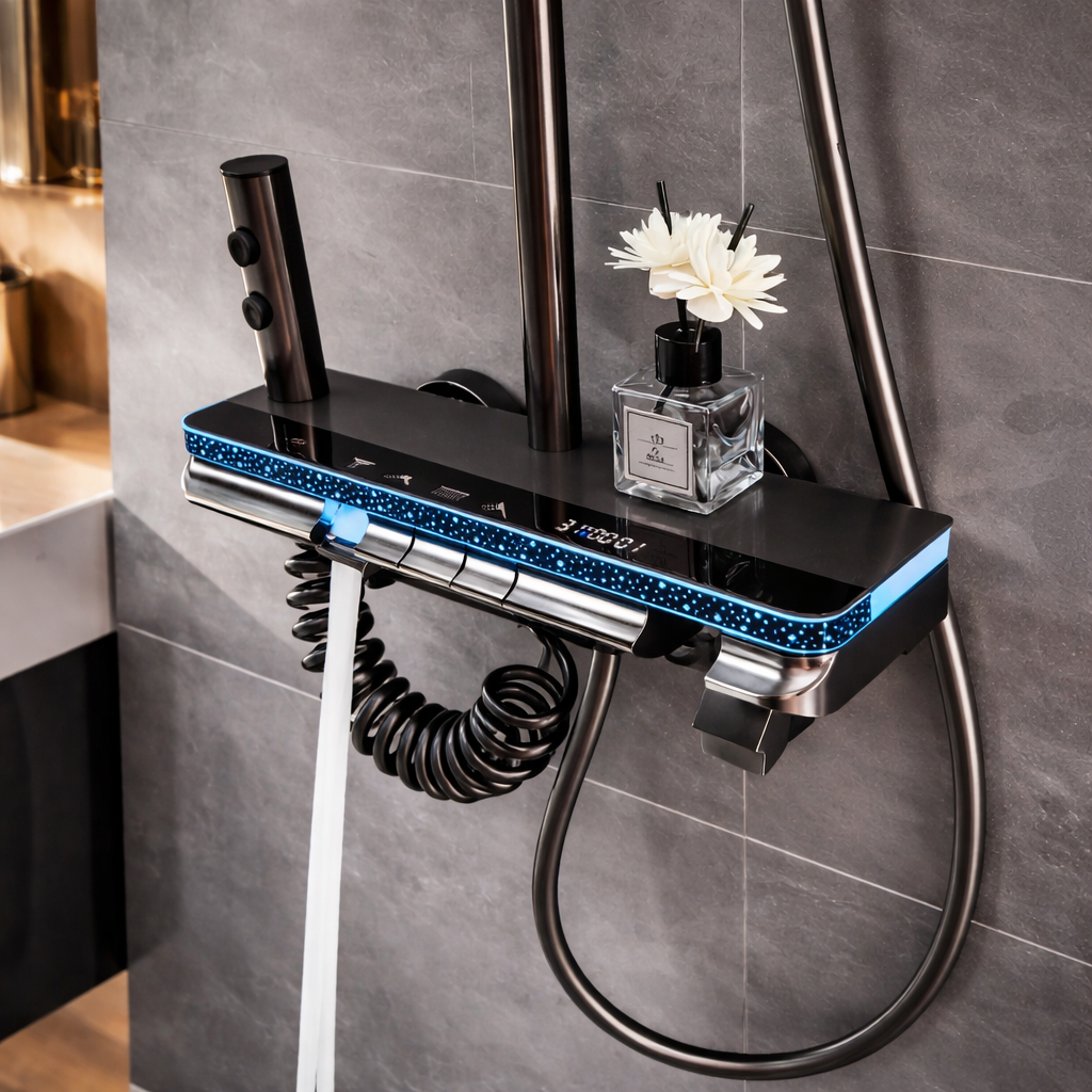 Coloană de Duș Smart cu Termostat și Afișaj LED, 4 Funcții, Butoane Piano, Gri cu Negru