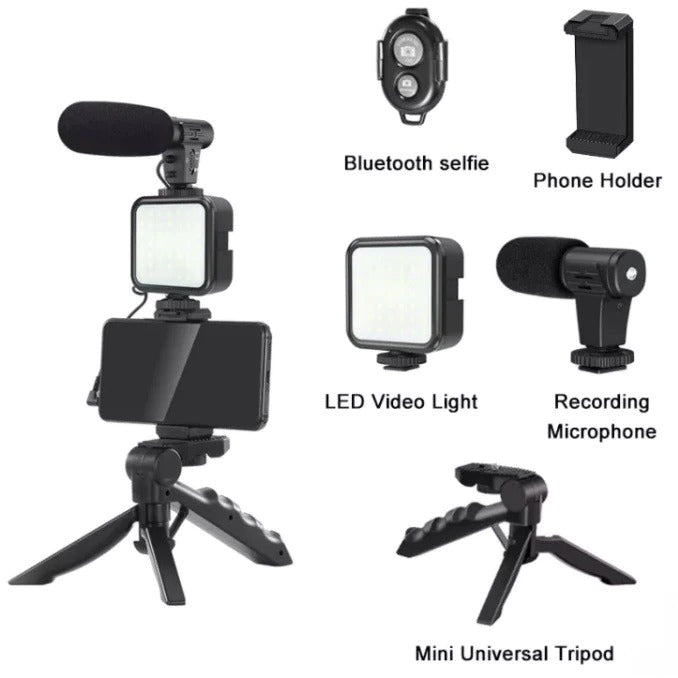 Kit de vlogging pentru smartphone, trepied, microfon, panou LED, telecomanda bluetooth, suport reglabil telefon