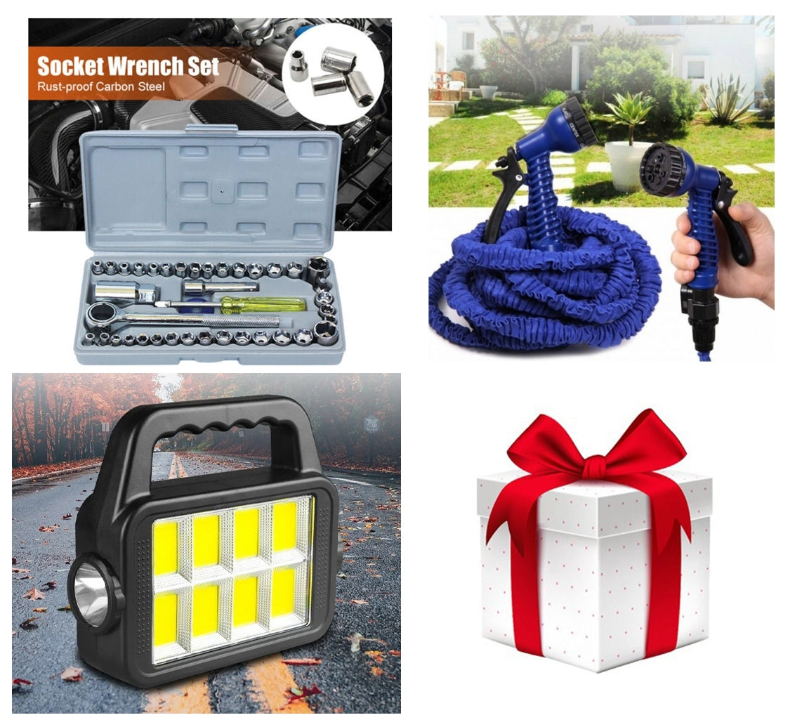 Pachet Promo - Lanterna 3 moduri de iluminare, incarcare solara - Furtun de gradina expandabil - Trusa chei tubulare + Cadou - Stoc Limitat!