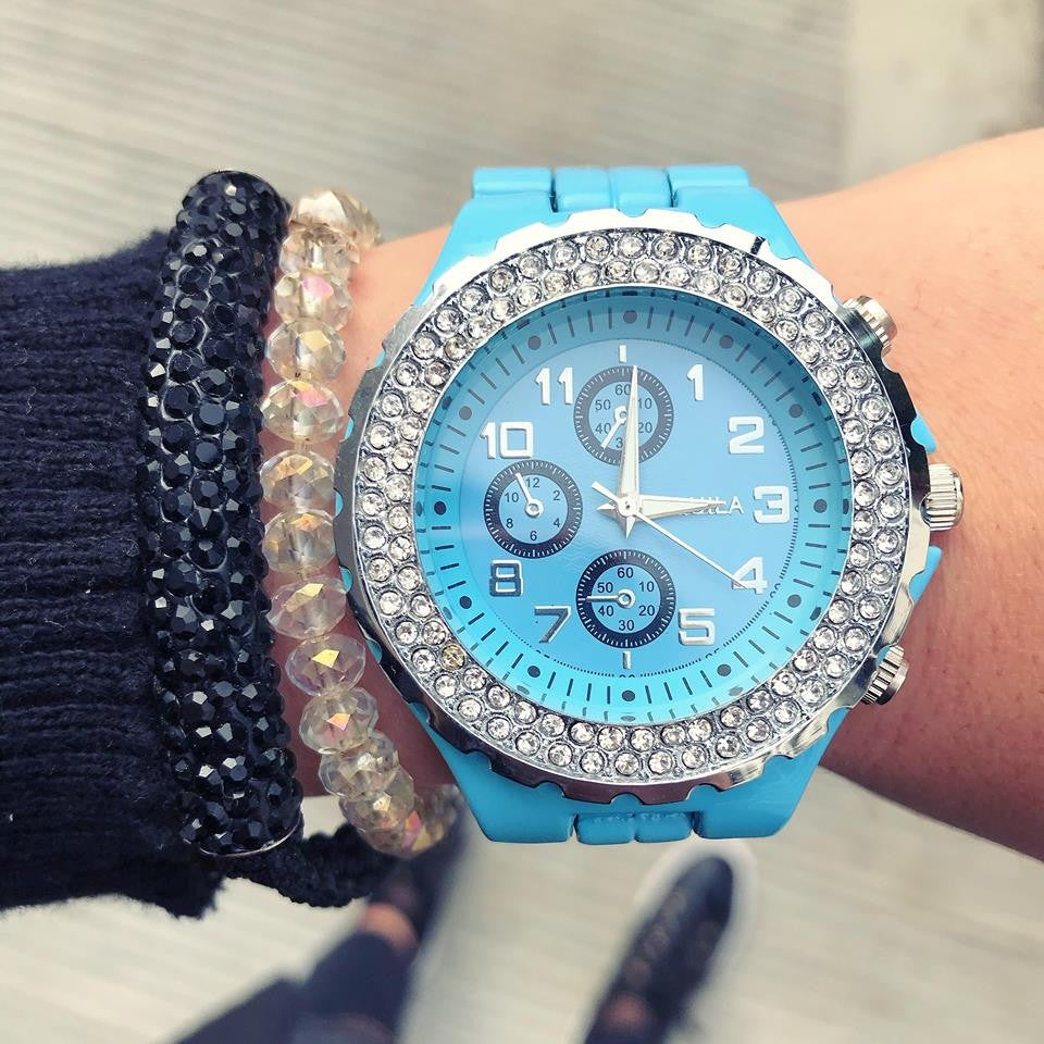 Ceas de dama metalic Elegant Blue cu pietricele