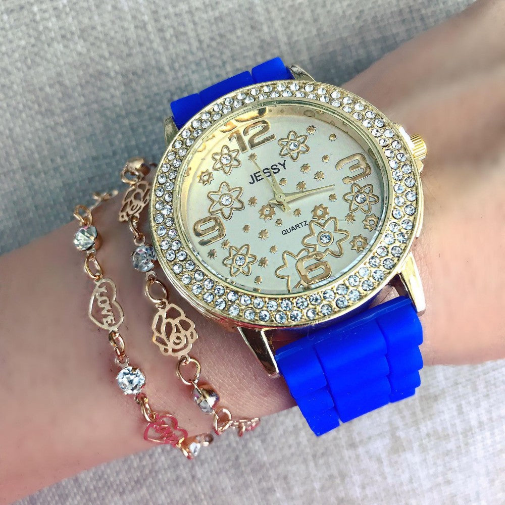 Ceas dama Flower Fashion Blue cu pietricele