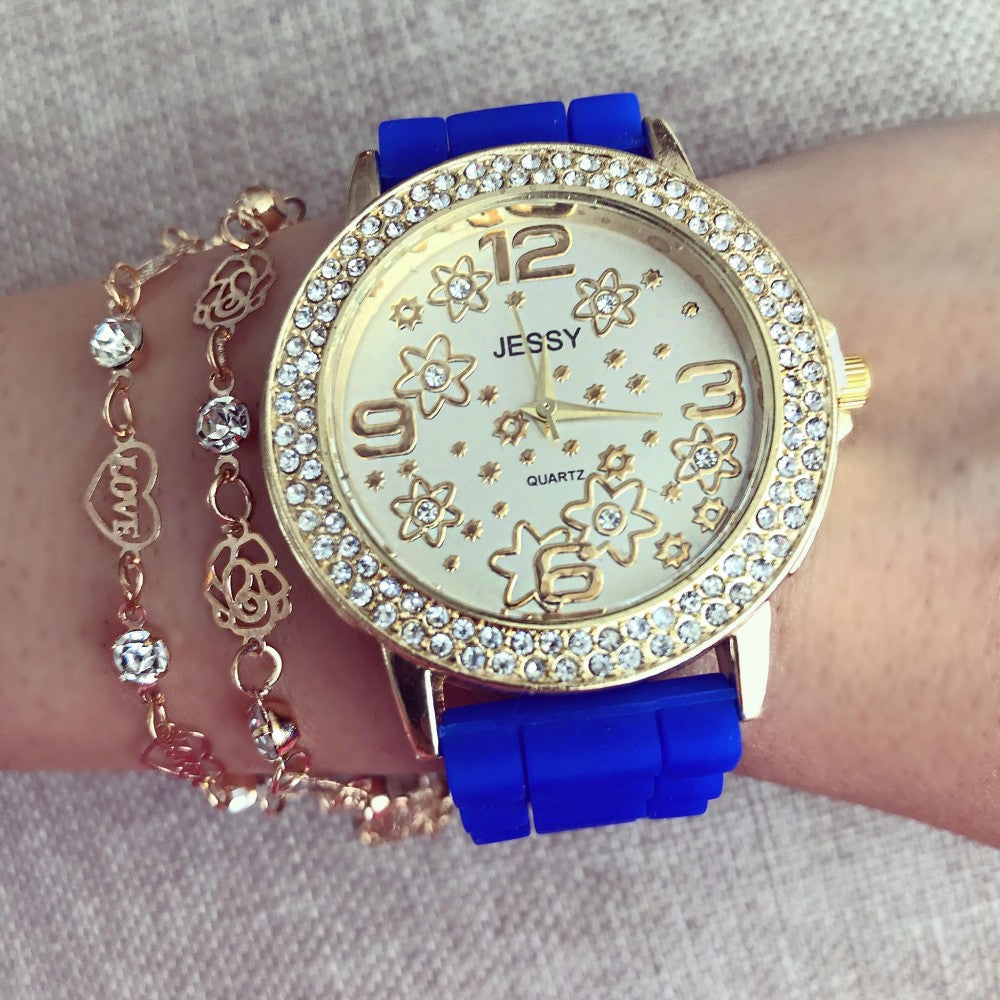 Ceas dama Flower Fashion Blue cu pietricele