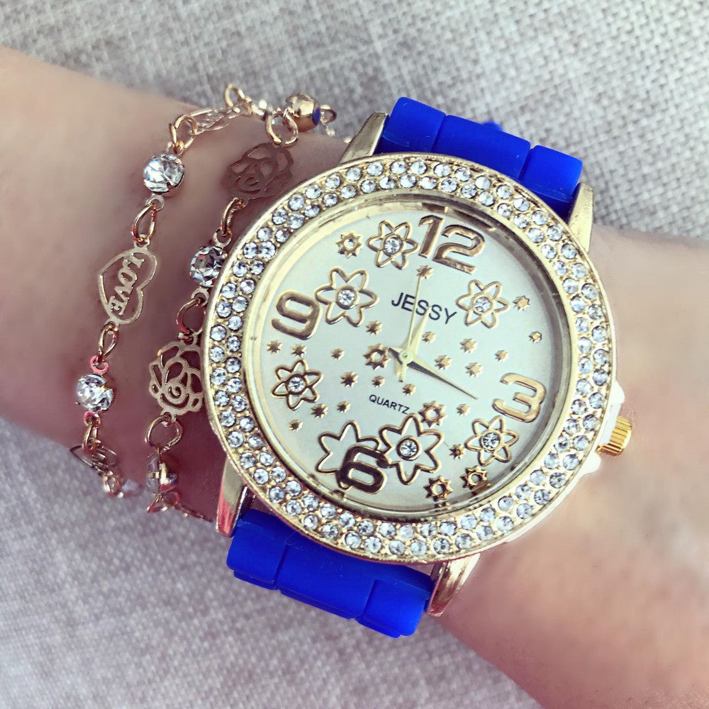 Ceas dama Flower Fashion Blue cu pietricele