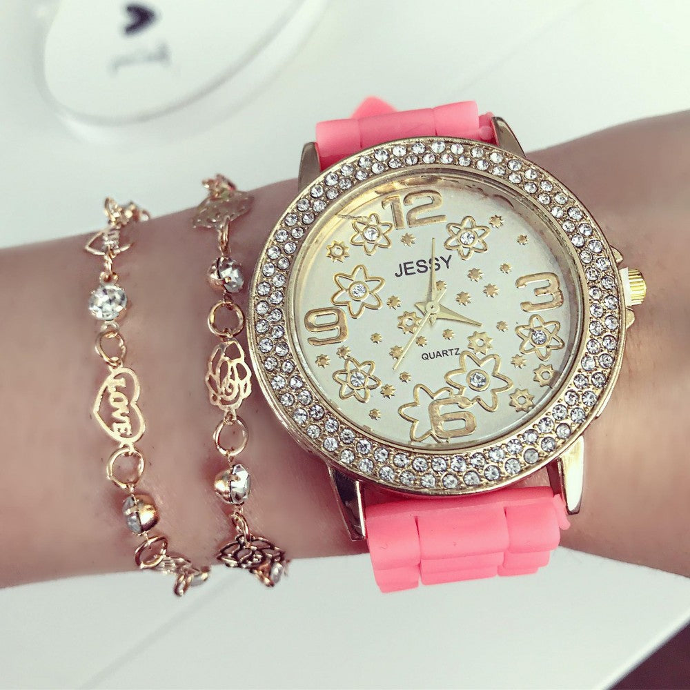 Ceas dama Flower Fashion Corai cu pietricele