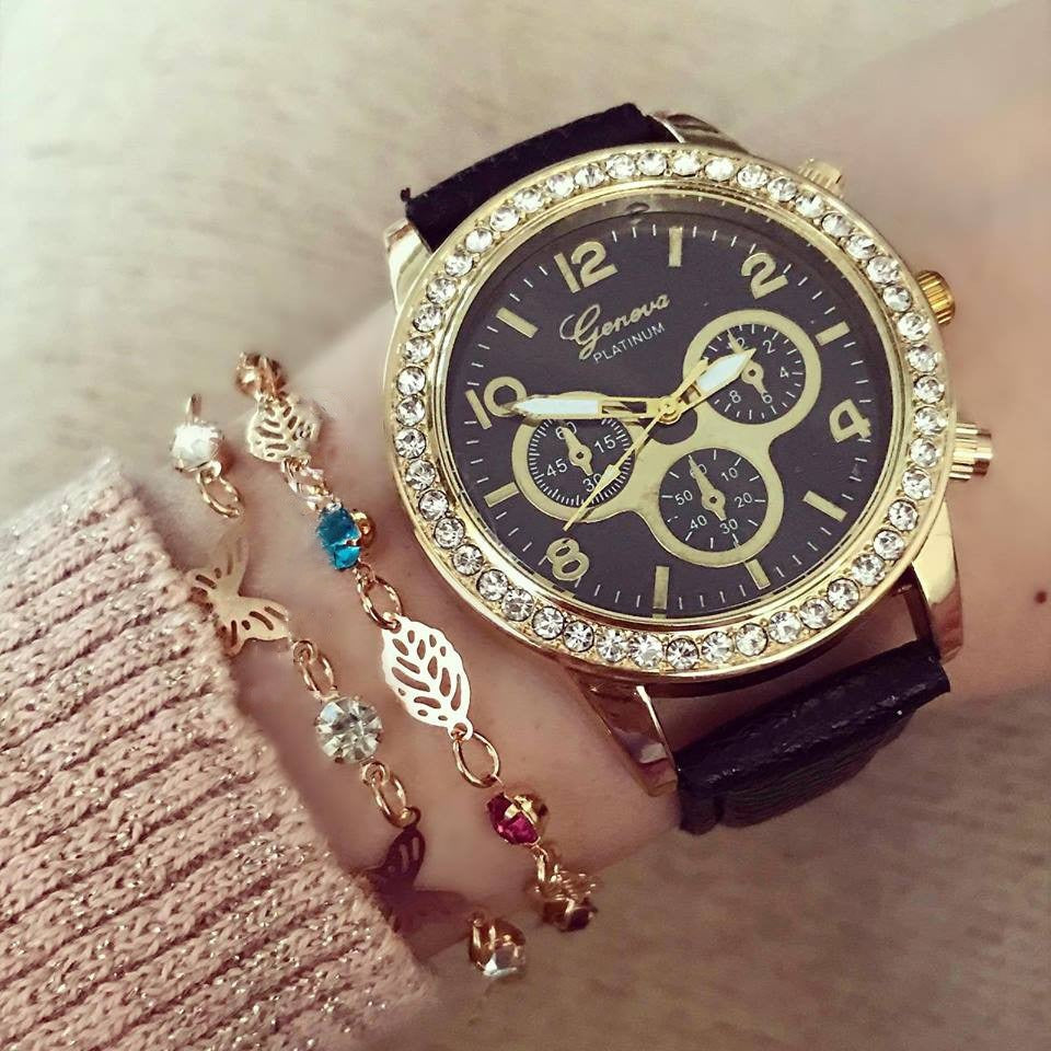 Ceas de dama Christal Golden Black curea de piele