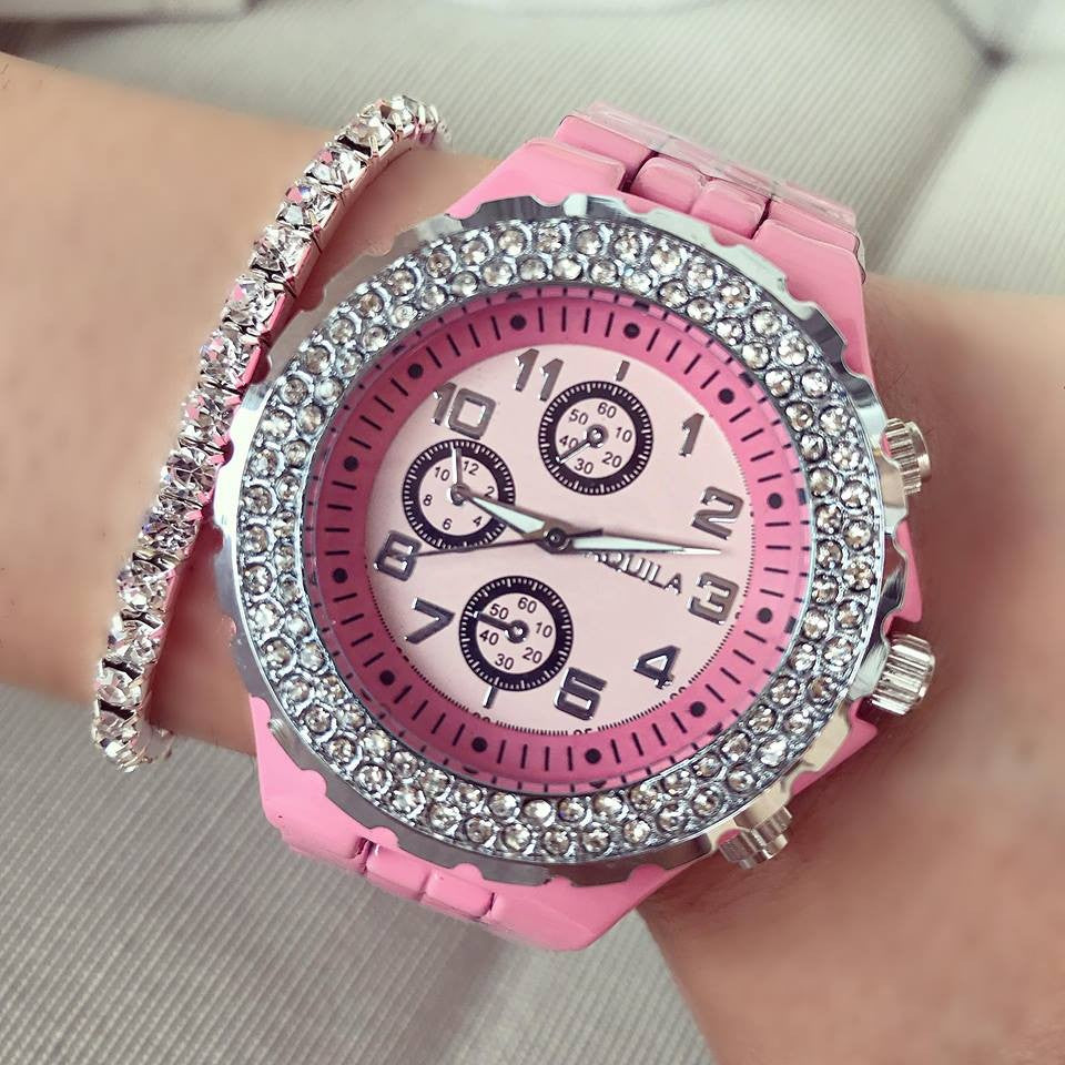 Ceas dama Cristal Fashion Pink curea metalica