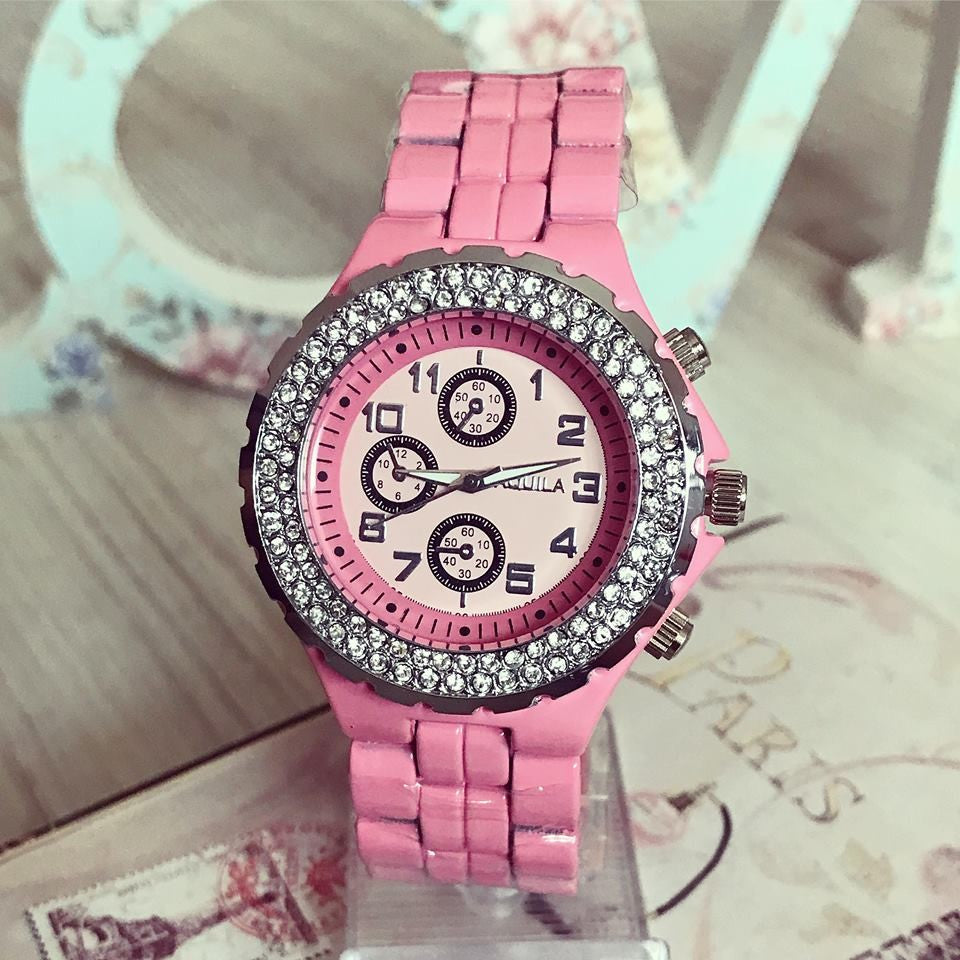 Ceas dama Cristal Fashion Pink curea metalica