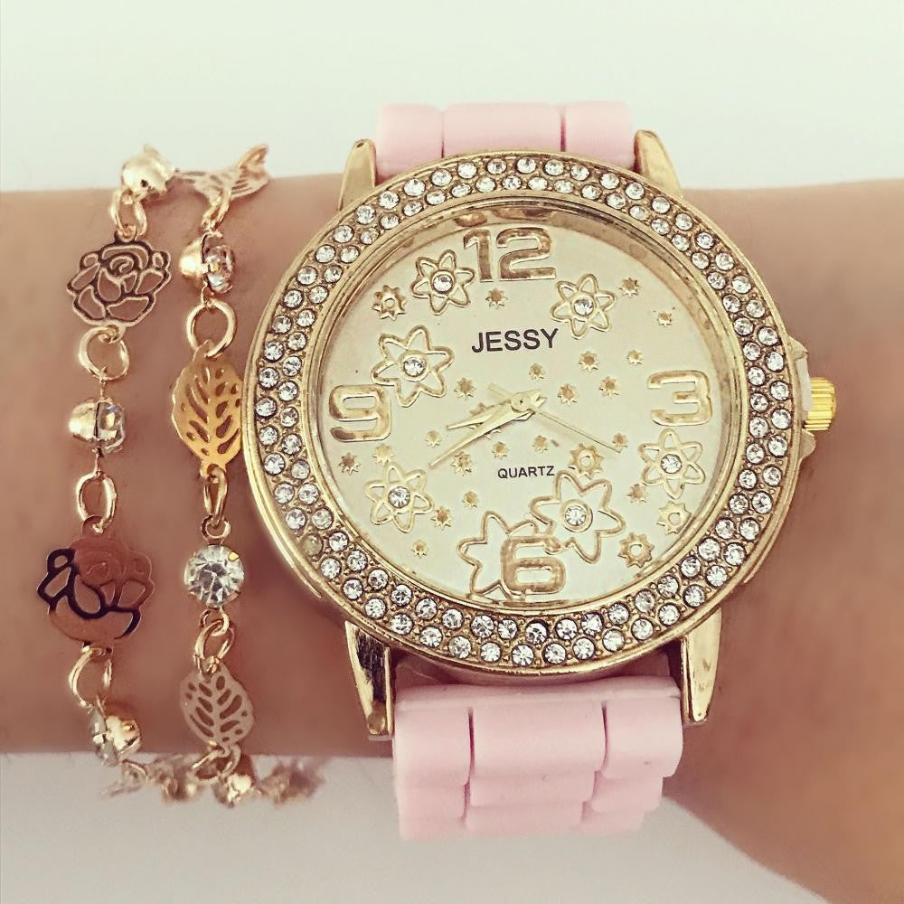 Ceas dama Flower Fashion Pink cu pietricele