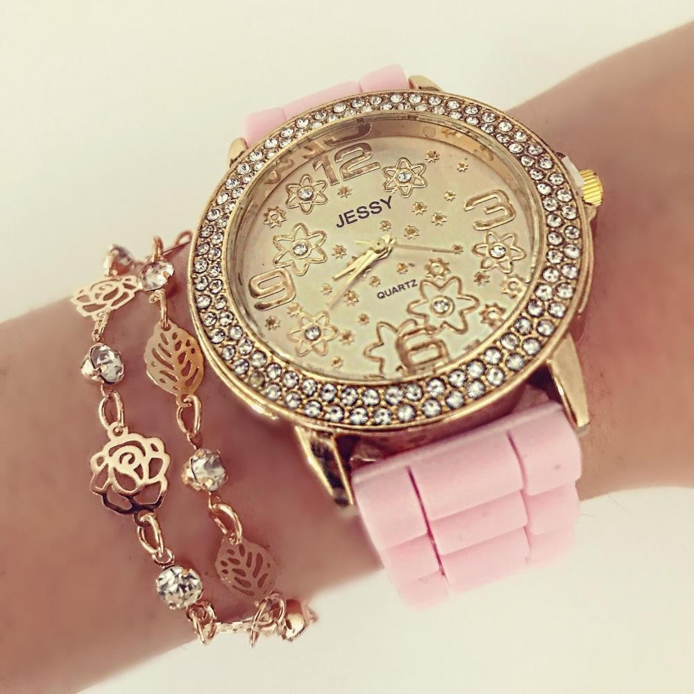 Ceas dama Flower Fashion Pink cu pietricele