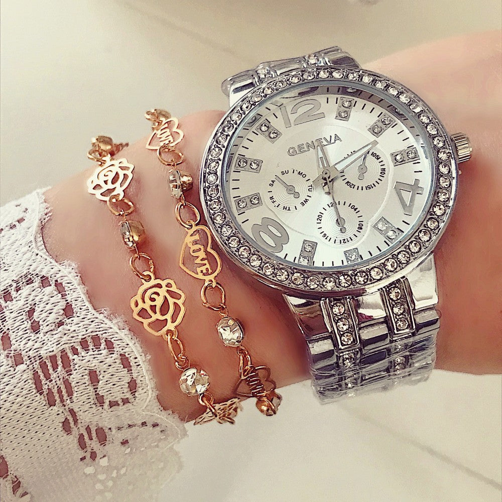Ceas de dama metalic Geneva Silver cu pietricele