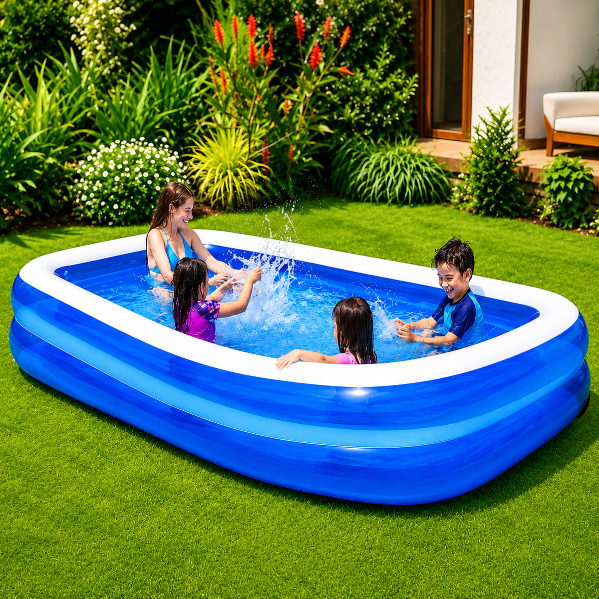 Piscină Gonflabilă Dreptunghiulară 200 x 120 x 40 cm cu 2 Inele, pentru Copii și Familie