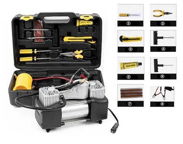 Kit pentru pana, compresor 12V, 2 cilindri si 7 accesorii