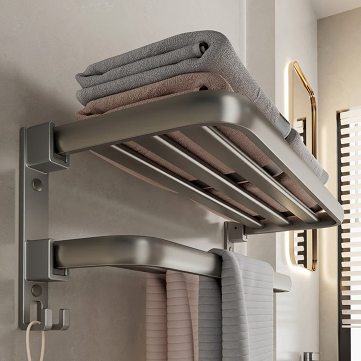Suport Pliabil pentru Prosoape din Aluminiu, cu Poliță și Cârlige, 60 cm, Gri