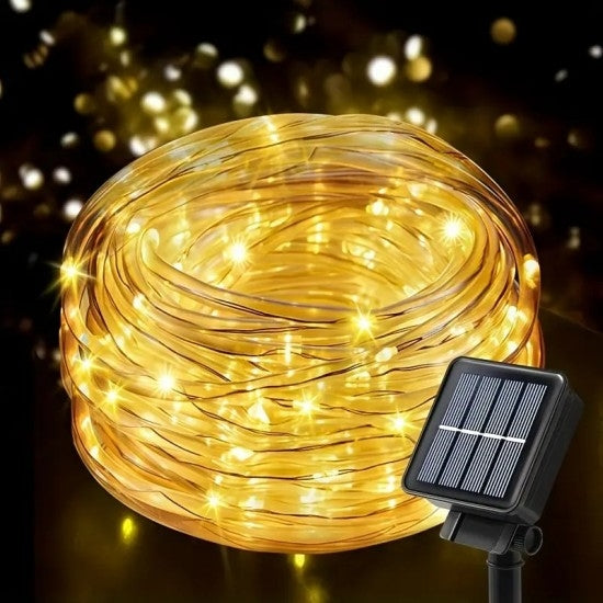 Furtun Luminos LED cu Încărcare Solară – 10 m, Lumina Alba Calda, Pentru Exterior