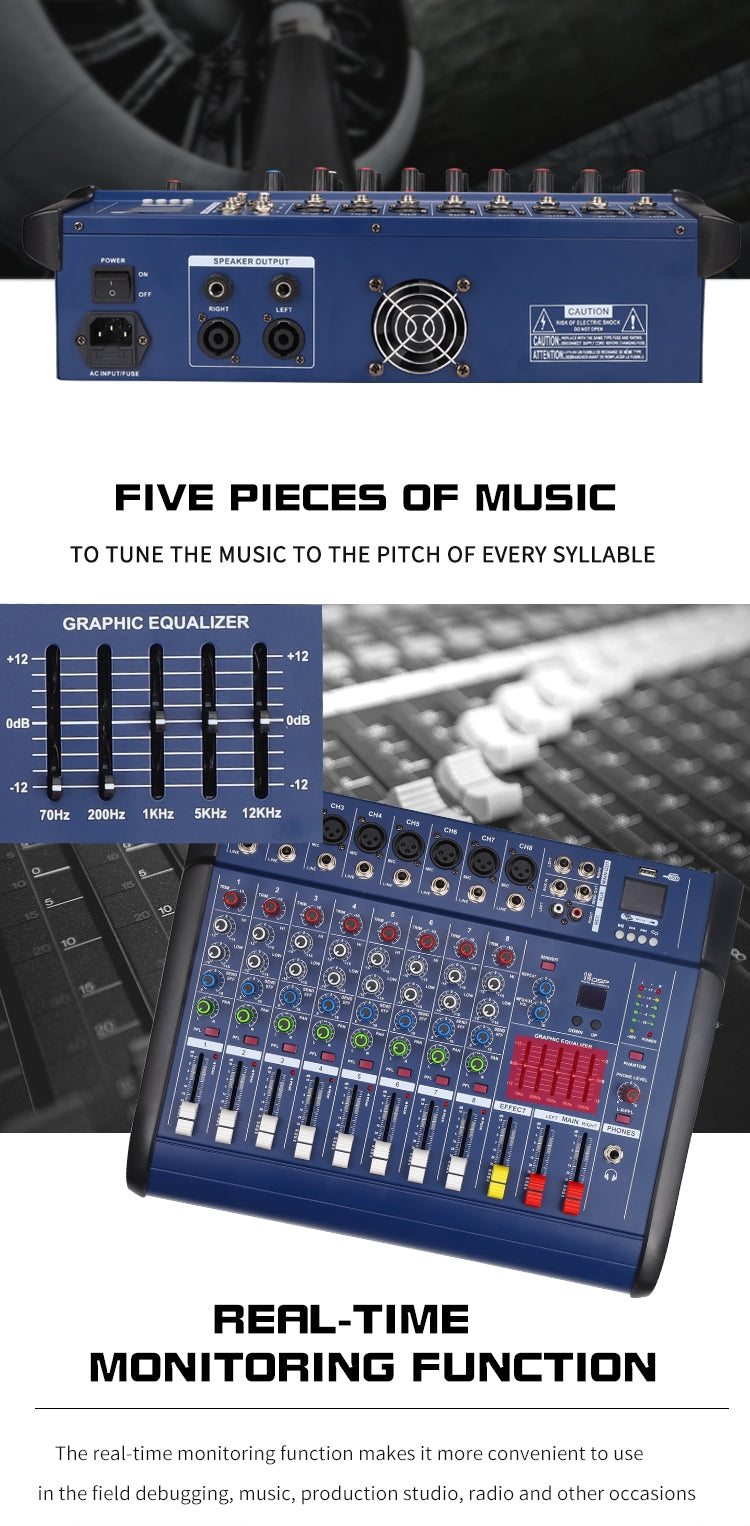 Mixer audio profesional cu amplificare 8 canale, 20 de efecte digitale, EQ, cititor USB