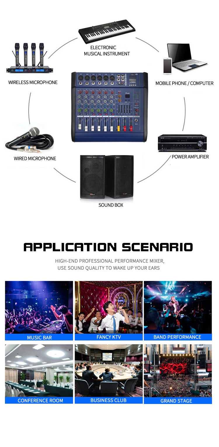 Mixer audio profesional cu amplificare 8 canale, 20 de efecte digitale, EQ, cititor USB