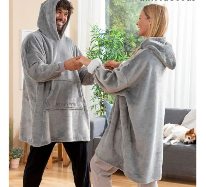 Patura cu maneci stil hanorac cu gluga si buzunar Huggle Hoodie Gri