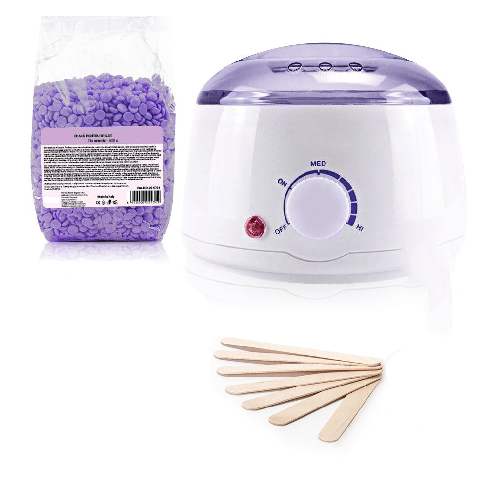Kit epilare cu ceara granule, incalzitor ceara si set 10 spatule