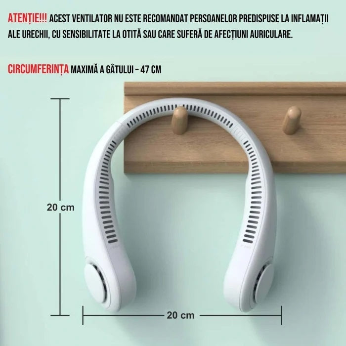 Descoperă confortul răcoros cu mini-ventilatorul portabil pentru gât, cu acumulator și 3 trepte de viteză!