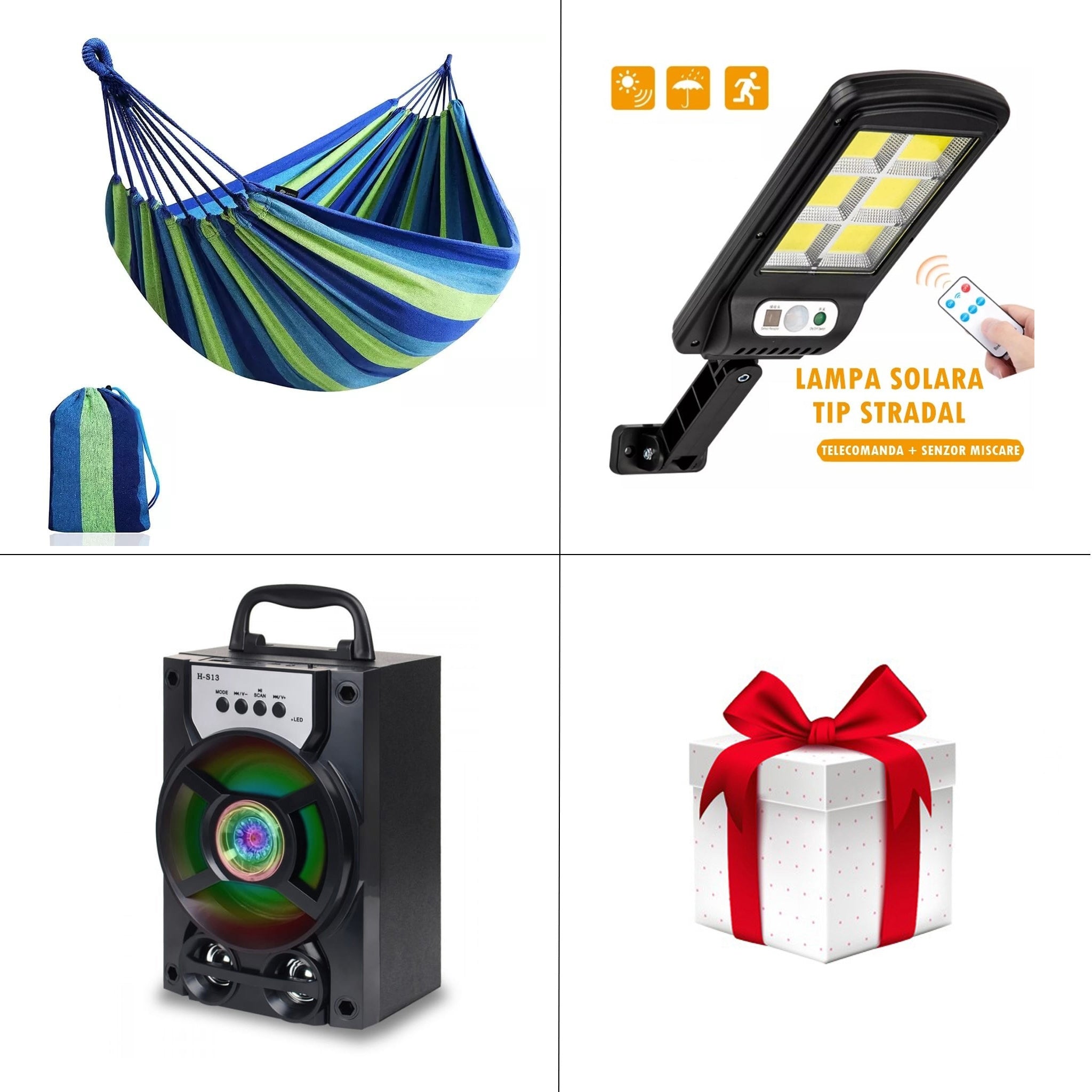 Oferta Promo - Boxa Portabila Bluetooth Radio si Mp3 - Hamac Columbian multicolor cu husa - Lampa Solara cu LED, 30W, 128 COB, telecomanda inclusa - Cadou