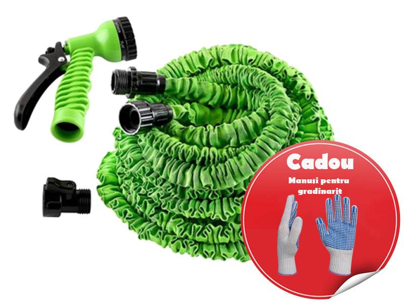 Pachet promotional Furtun extensibil 30 metri cu Pistol de pulverizare cu 7 functii + CADOU Manusi pentru gradinarit