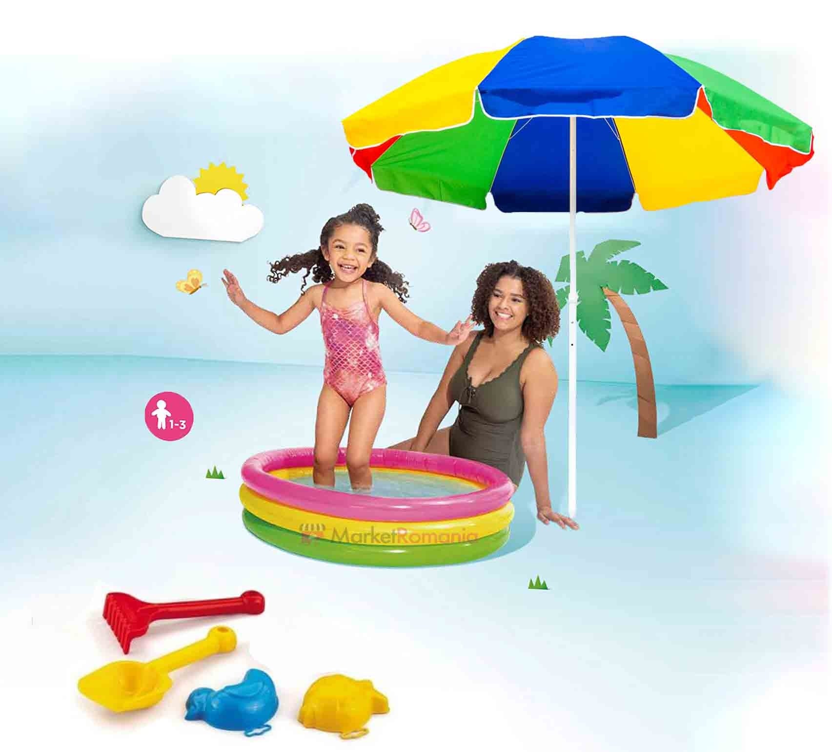 Pachetul perfect - distracție la plajă pentru copii: Piscină gonflabilă, umbrelă de plajă și jucării pentru nisip