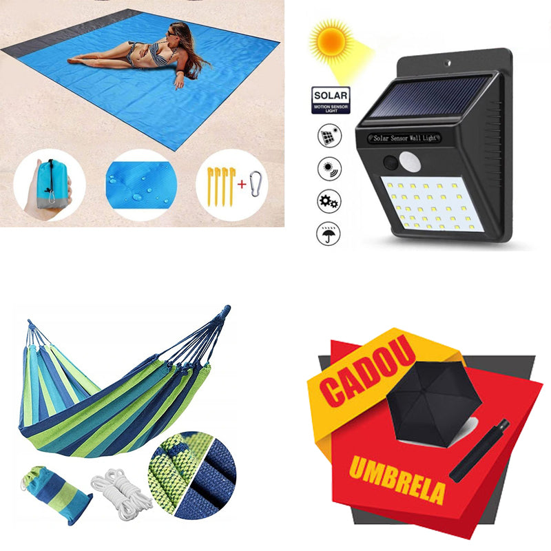 Pachet PROMO - Covoras Plaja, Picnic BeachMat, Lampa Solara cu Senzor de Miscare, Hamac din Bumbac cu Husa + Umbrela CADOU